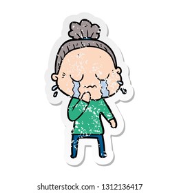 distressed sticker of a cartoon old woman crying