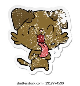 distressed sticker of a cartoon panting dog