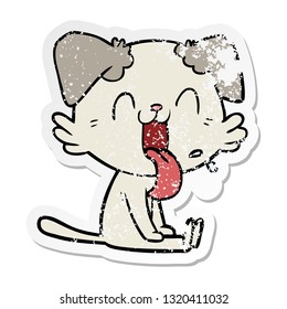 distressed sticker of a cartoon panting dog