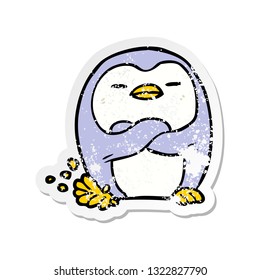 distressed sticker of a cartoon penguin tapping foot