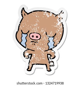 distressed sticker of a cartoon pig crying