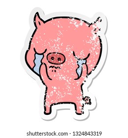 distressed sticker of a cartoon pig crying