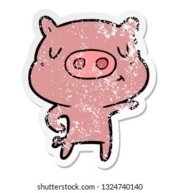 distressed sticker of a cartoon pig pointing