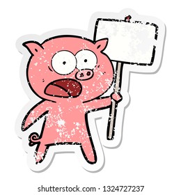 distressed sticker of a cartoon pig protesting