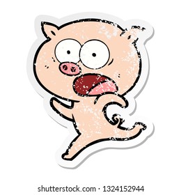 distressed sticker of a cartoon pig running