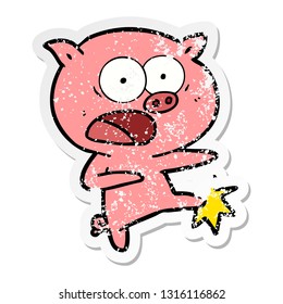 distressed sticker of a cartoon pig shouting and kicking
