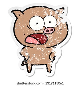 distressed sticker of a cartoon pig shouting