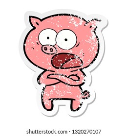 distressed sticker of a cartoon pig shouting