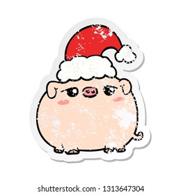 distressed sticker of a cartoon pig wearing christmas hat