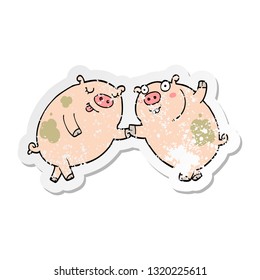 distressed sticker of a cartoon pigs dancing