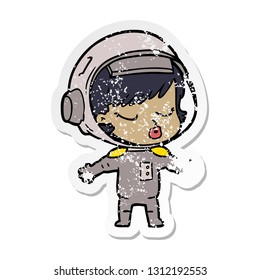 distressed sticker of a cartoon pretty astronaut girl