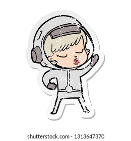 distressed sticker of a cartoon pretty astronaut girl