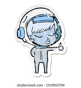distressed sticker of a cartoon pretty astronaut girl giving thumbs up