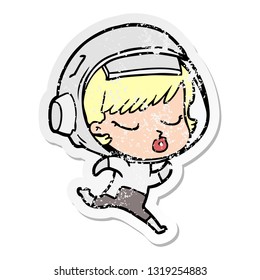 distressed sticker of a cartoon pretty astronaut girl running