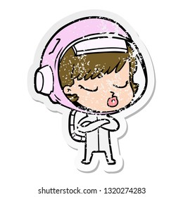 distressed sticker of a cartoon pretty astronaut girl