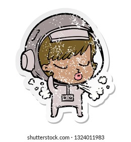 distressed sticker of a cartoon pretty astronaut girl taking off space helmet