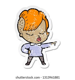 distressed sticker of a cartoon pretty hipster girl