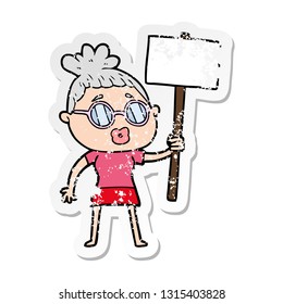 distressed sticker of a cartoon protester woman wearing spectacles