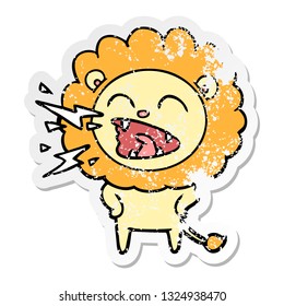 distressed sticker of a cartoon roaring lion