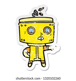 distressed sticker of a cartoon robot accusing
