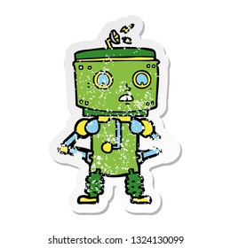 distressed sticker of a cartoon robot with hands on hips