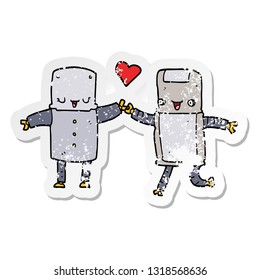 distressed sticker of a cartoon robots in love