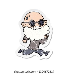 distressed sticker of a cartoon running man with beard and sunglasses sweating