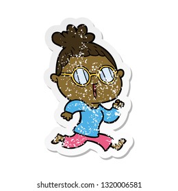 distressed sticker of a cartoon running woman wearing spectacles