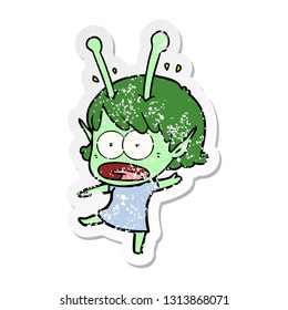distressed sticker of a cartoon shocked alien girl