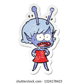 distressed sticker of a cartoon shocked alien girl