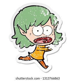 distressed sticker of a cartoon shocked elf girl