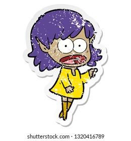 distressed sticker of a cartoon shocked elf girl pointing
