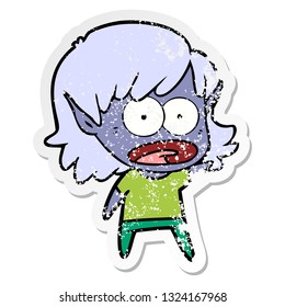distressed sticker of a cartoon shocked elf girl