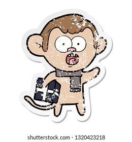 distressed sticker of a cartoon shocked monkey