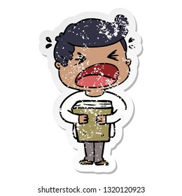 distressed sticker of a cartoon shouting man with book