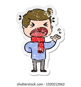 distressed sticker of a cartoon shouting man