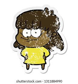 distressed sticker of a cartoon smiling woman