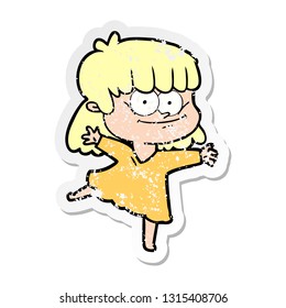 distressed sticker of a cartoon smiling woman