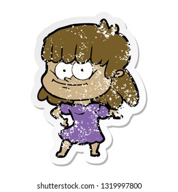 distressed sticker of a cartoon smiling woman