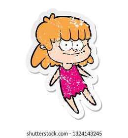 distressed sticker of a cartoon smiling woman