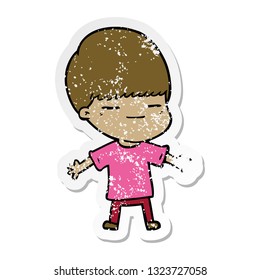 distressed sticker of a cartoon smug boy
