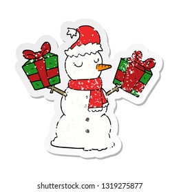distressed sticker of a cartoon snowman