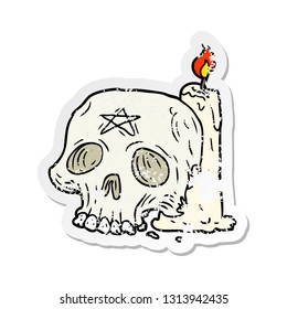 distressed sticker of a cartoon spooky skull and candle