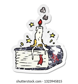 distressed sticker of a cartoon spooky spellbook