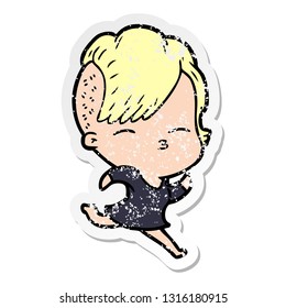 distressed sticker of a cartoon squinting girl running
