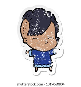 distressed sticker of a cartoon squinting girl