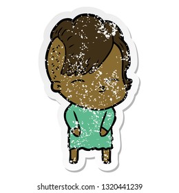 distressed sticker of a cartoon squinting girl