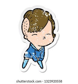 distressed sticker of a cartoon squinting girl