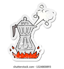 distressed sticker of a cartoon steaming espresso pot
