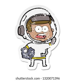 distressed sticker of a cartoon surprised astronaut holding moon rock